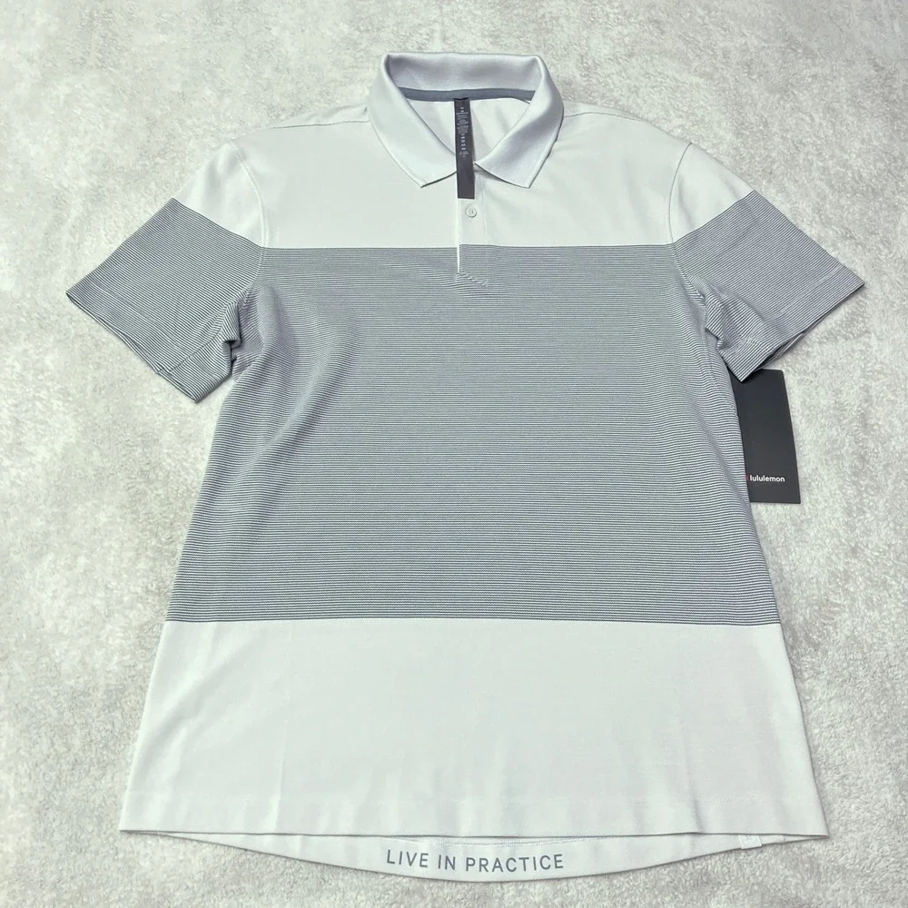 NWT Lululemon Mens Tech Pique Polo Shirt Gray Striped LM3CFPS Size M